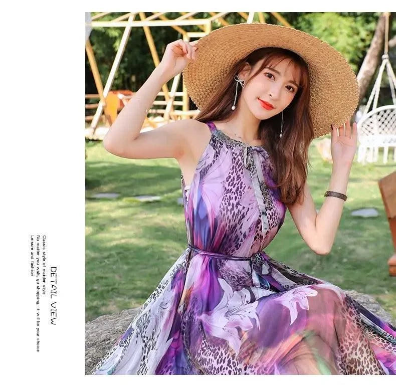 2023 New Floral Summer Sleevelss Suspender Maxi Dress for Women Sexy Backless Beach Purple Boho Robe Femme Sundress Dress Photo