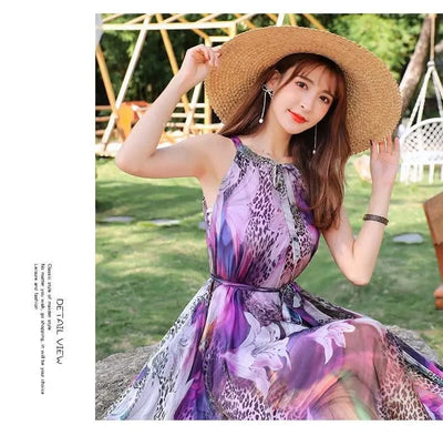 2023 New Floral Summer Sleevelss Suspender Maxi Dress for Women Sexy Backless Beach Purple Boho Robe Femme Sundress Dress Photo