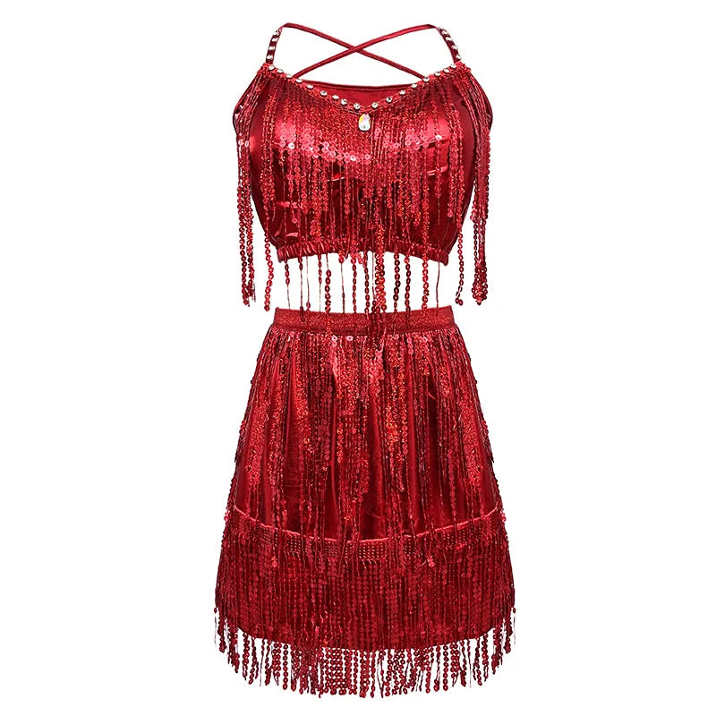 Adult Women Latin Dance Dress Halter Crop Top Glitter Fringe Half Skirt Stage Costume Sexy Gold Sliver Black Red