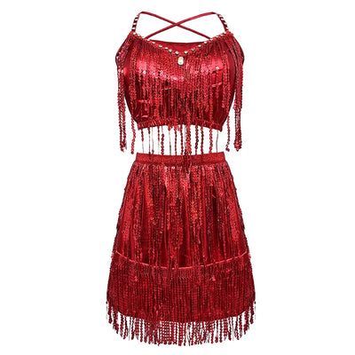 Adult Women Latin Dance Dress Halter Crop Top Glitter Fringe Half Skirt Stage Costume Sexy Gold Sliver Black Red