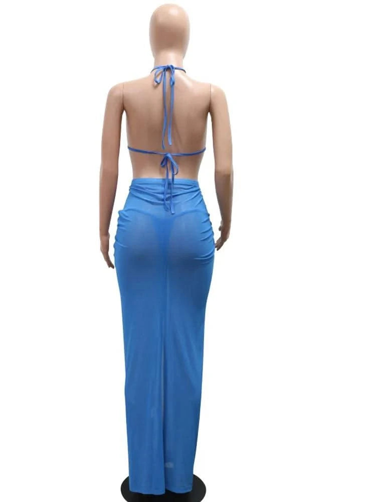 Beyprern Women's Royal Blue 3D Flower Bikini Set 3 Pieces Outfits Summer Sheer Mesh Blossmed Ruched Dress Cover-Up Set Swimsuits