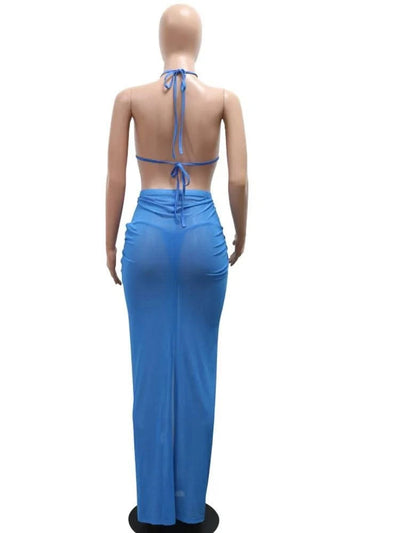 Beyprern Women's Royal Blue 3D Flower Bikini Set 3 Pieces Outfits Summer Sheer Mesh Blossmed Ruched Dress Cover-Up Set Swimsuits