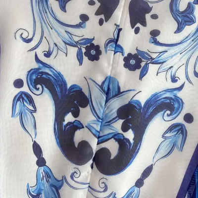 Women Maxi Chiffon Dress Summer Bohemian Rabbits Flower Porcelain Print Clothing Floor Length Flare Sleeve Long Vestidos