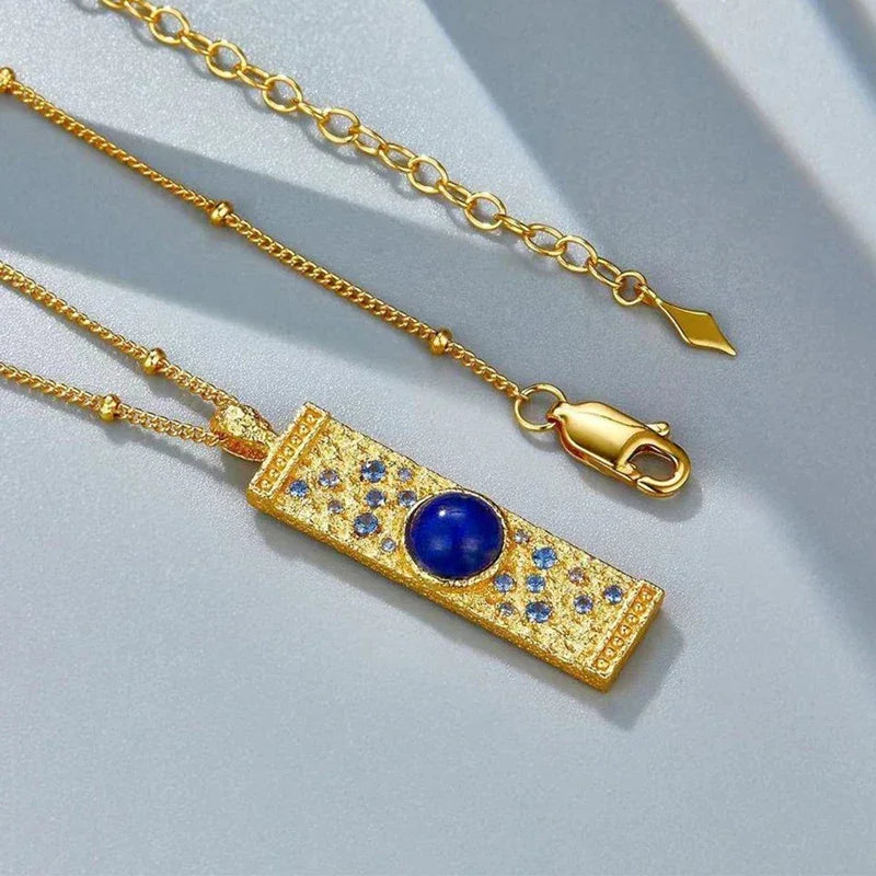 Lapis Lazuli CZ 925 Silver Gold Plated Hammered Bar Pendant Necklace Women Blue Stone Geometric Trendy Dainty Luxury Necklaces