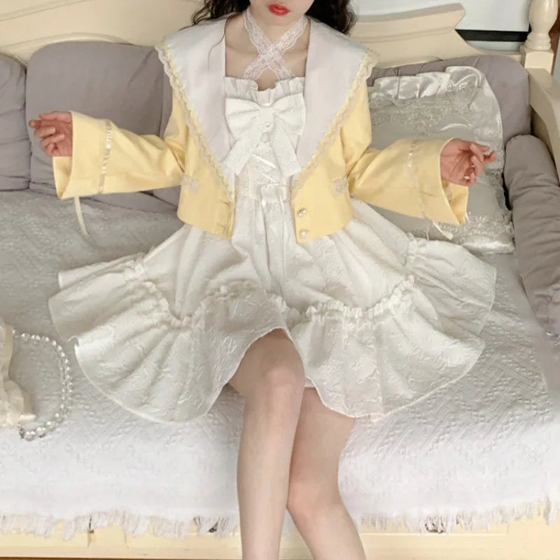 2025 Vestidos De Mujer Cute Summer Dresses for Women Lolita Style Japanese Sweet Robe Femme Bandage Bow Ruffles White Dress