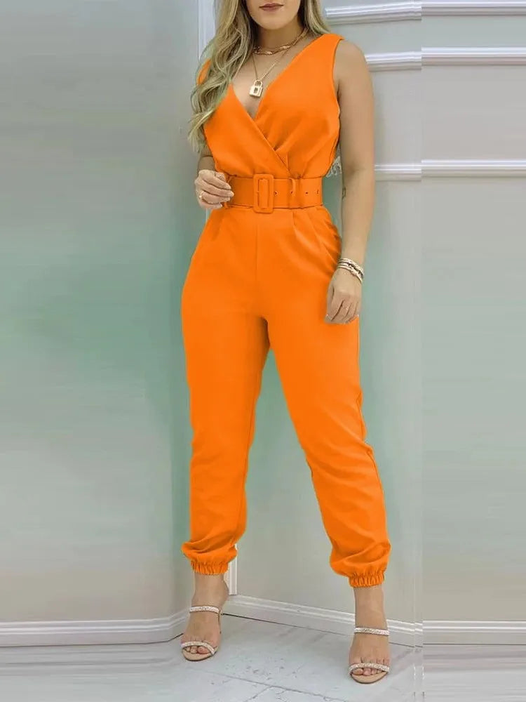 Summer Women Jumpsuits Elegant Office Lady Sexy V-neck Sleeveless Print Jumpsuits New Fashion With Belt Vest Playsuit Streetwear