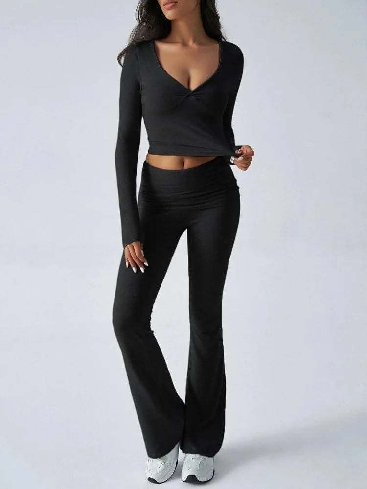 Women's Sexy Suits 2025 Autumn Winter Latest Casual Solid Color Yoga Suit Slim Fit Sports Knit Long Sleeved Pants Two-Piece Set