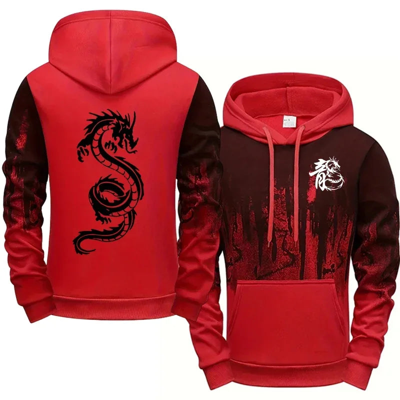 Dragon Printed Hoodies for Men All Season Daily Casual Sporty Pullover 2025 Fashion Ink Splash Design Hooded Sweatshirts
