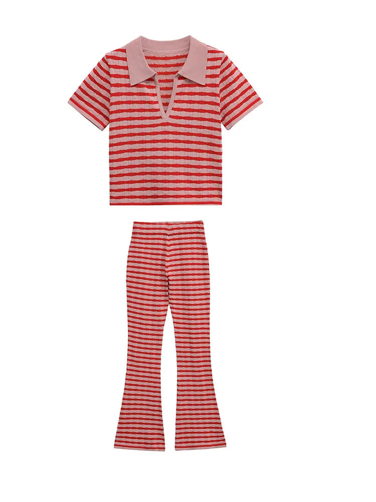 Summer polo collar stripe knit t shirts women 2 pc sets short sleeve knitwear casual high waisit wide leg pants suits female