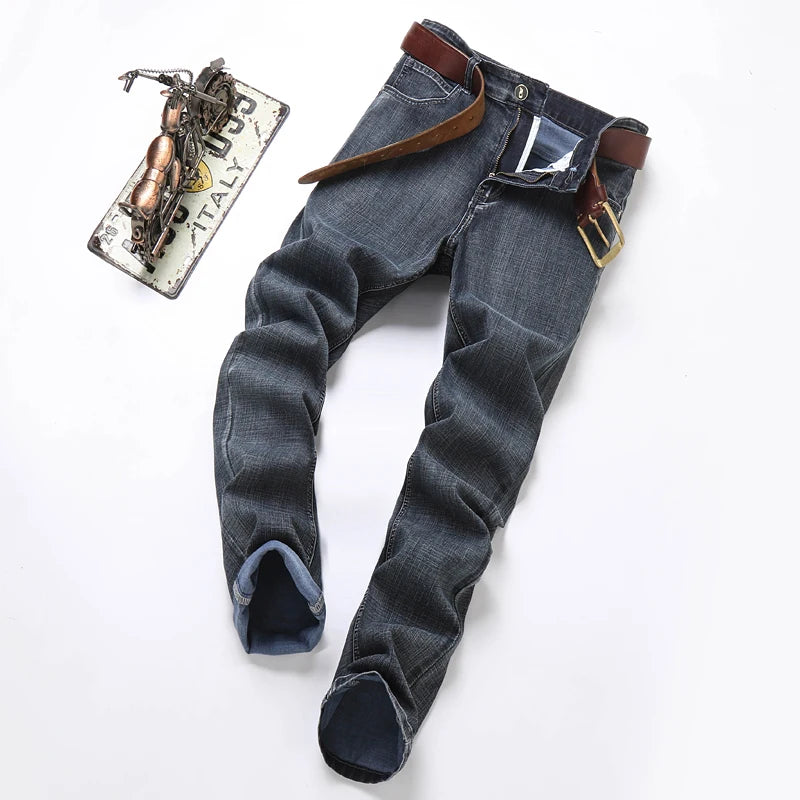 2024 Spring Summer New Men's Slim Thin Jeans Retro Light Blue Cotton Stretch Denim Pants Male Fashion Casual Brand Trousers