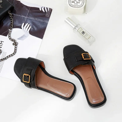 Summer Women Slippers Leather Square Toe Women Flats Flip Flops Designer Ladies Slides Sandals Women Shoes Luxury Sandals