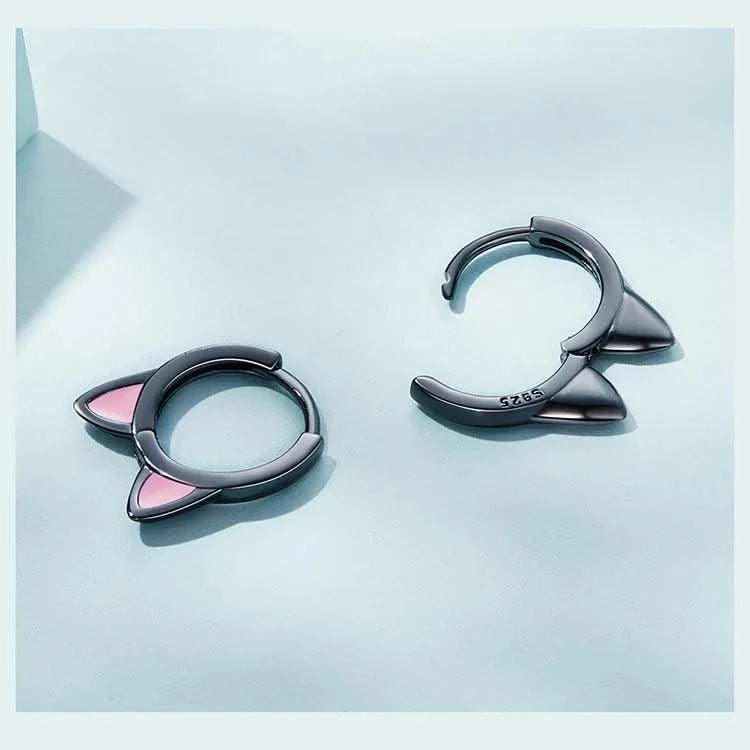 WOSTU Real 925 Sterling Silver Cat Ear Hoop Earrings For Women Lovely Pink Cute Pet Paw Studs Clips Girl Unique Jewelry Gift