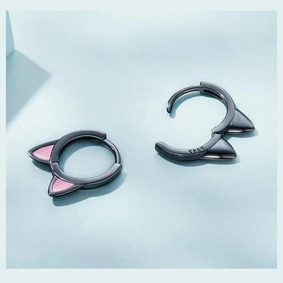 WOSTU Real 925 Sterling Silver Cat Ear Hoop Earrings For Women Lovely Pink Cute Pet Paw Studs Clips Girl Unique Jewelry Gift