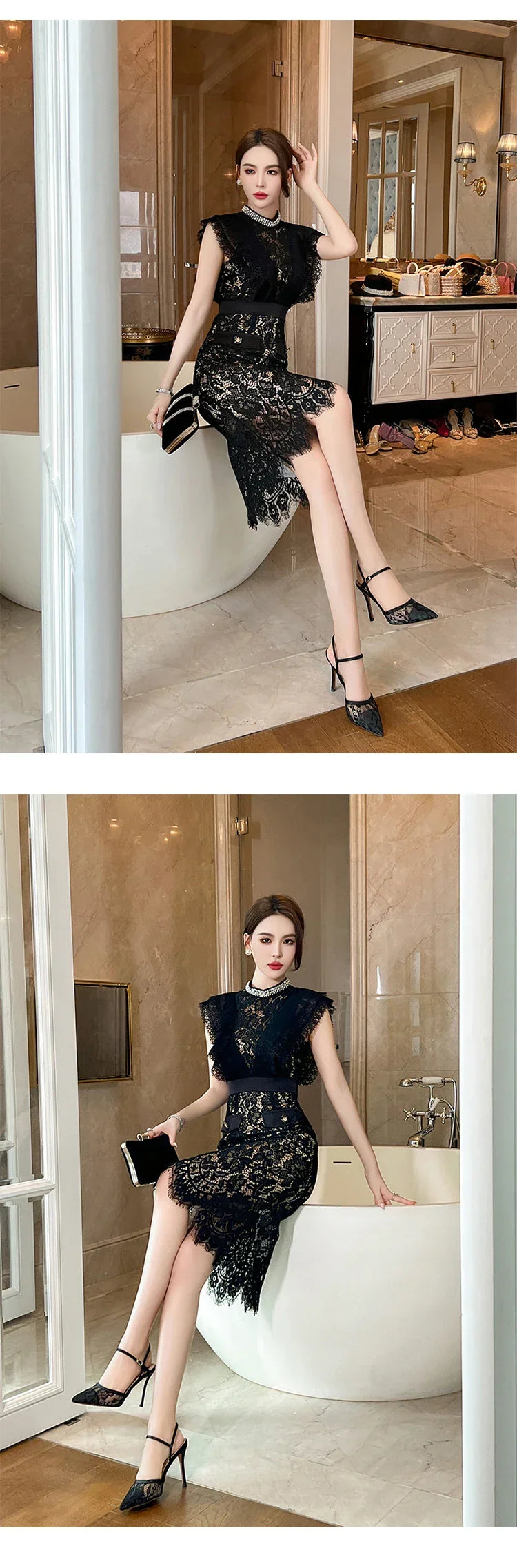 Women's French Noble Elegant Prom Dresses Black Lace Sheer Perspective Diamond High Waist Fishtail Robe Party Banquet Vestidos