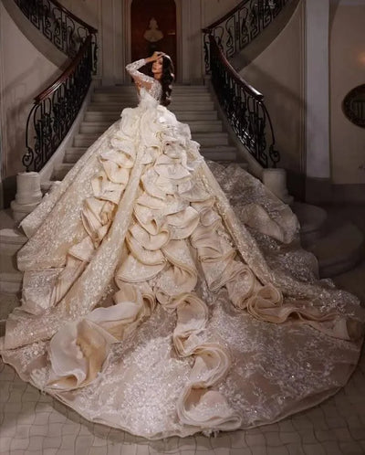 Wedding Dress Glitter Sequins Beading Appliques Cathedral Bridal Gown
