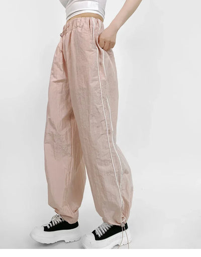 Women's Wide-Leg Joggers Adjustable Ankle Cuffs Side Stripes Drawstring Waist Lightweight Streetwear