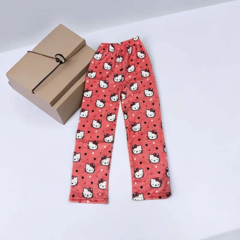 Thicken Hello Kitty Pajama Pants Sanrio Anime Fleece Double Elastic Fabric Soft Trousers Women Trousers Cartoon Birthday Gift