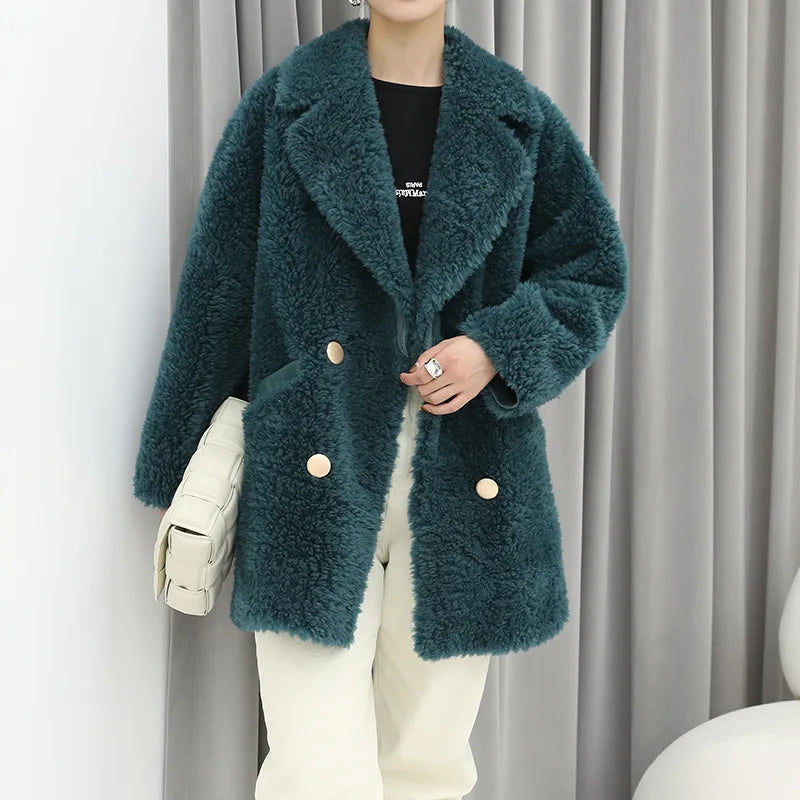 MENINA BONITA 2025 New  Luxury Winter Jacket Women's Coat Double-breasted Woven Real Natural Wool Fur Lapel Warm Loose Outerwear