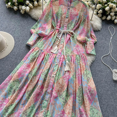 Long Dress Women Dresses A Line Chiffon Vestidos Stand Collar Streetwear Floral Print Elegant Splice Y2k Party Night High Waist