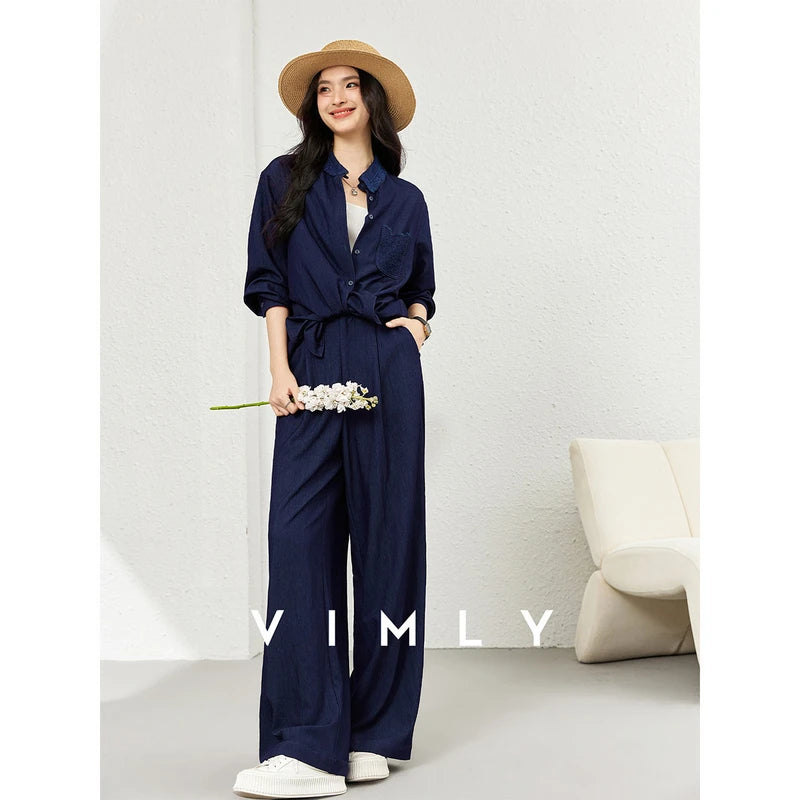 VIMLY Navy Blue Denim Suit Women's 2025 Autumn Outfits Vintage Lace Polo Collar Shirt Wide Legs Pants Ladies 2 Piece Sets A2526