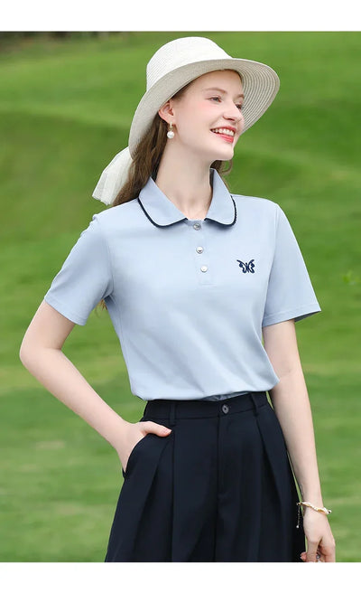 I BELIEVE YOU Blue Polo Collar T-shirt Top for Women Summer 2025 Butterfly Embroidered Breathable Short Sleeve Tees 2252015969