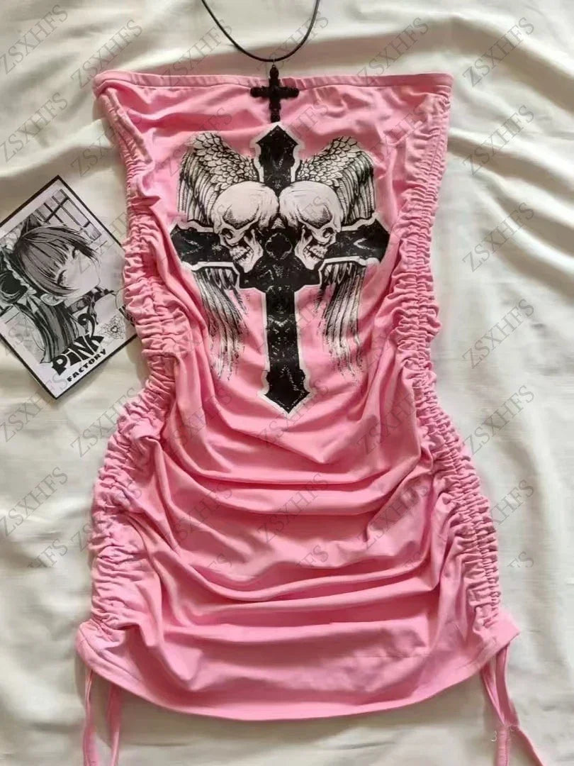 Gothic Dress Women Clothing Pink Skull Cross Y2k Mini Dress Hot Girl Kpop Sexy partysuit Streetwear Grunge Hip hop Punk Dresses