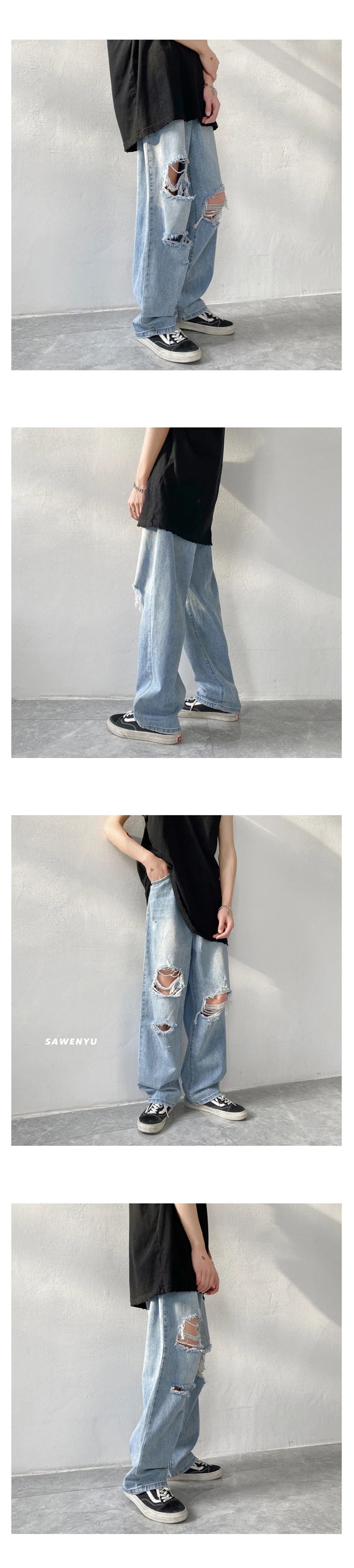 Summer Mens Ripped Jeans Blue Loose Fit Hole Wide-leg Pants Casual Fashion Trousers Streetwear High quality Denim Man Clothing