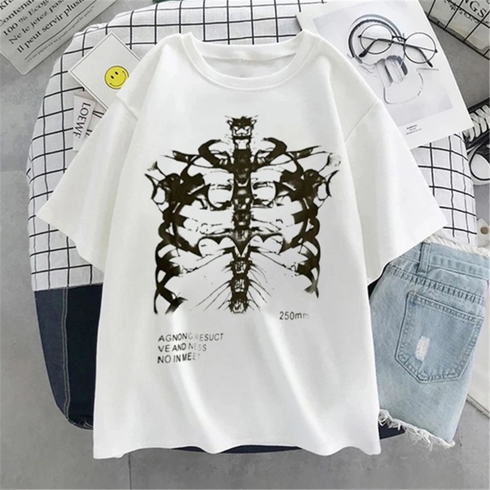 Oversized T-shirt Women Female T-shirt Dark Skull Bones Heart and Lung Print Short Sleeve Streetwear Harajuku Top Woman Clothes