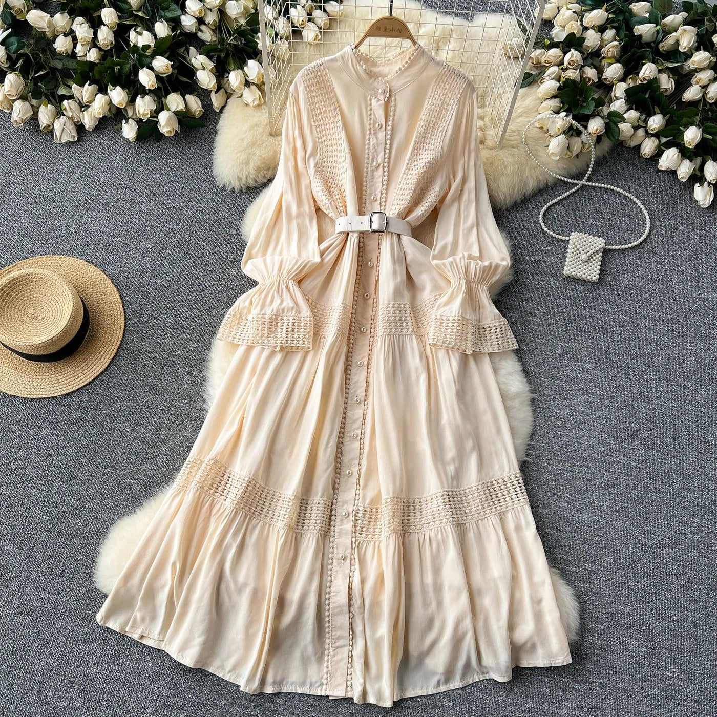 Retro Elegant Summer Stand Collar Flare Sleeve Single Breasted Lace Spliced Dress A-line French Evening Party Women Dresses
