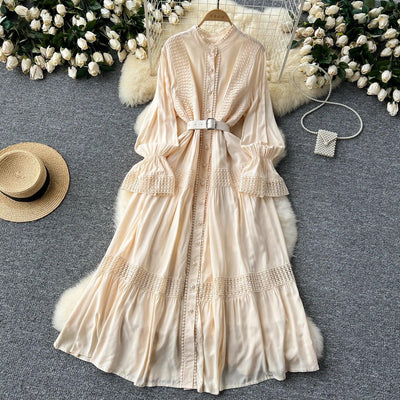 Retro Elegant Summer Stand Collar Flare Sleeve Single Breasted Lace Spliced Dress A-line French Evening Party Women Dresses