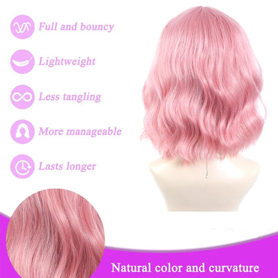 14Inch Pink Wig for Women Short Wavy Pastel Pink Wigs with Lace Shoulder Length Middle Part Curly Wavy  Wig