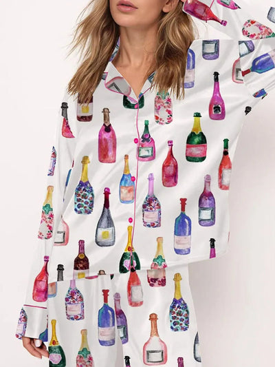 Womens Satin Pajamas Sets  2 Piece Set Champagne Bottle Wine Glasses Long Sleeve Button down Shirt Pants Satin Silk Loungewear