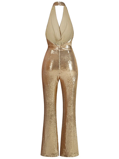 Women's Sleeveless Gold Sequin Jumpsuit Sexy V Neck Sparkle Sequined High Waist Wide Leg Pants Jumpsuit Celebrity Evening Party