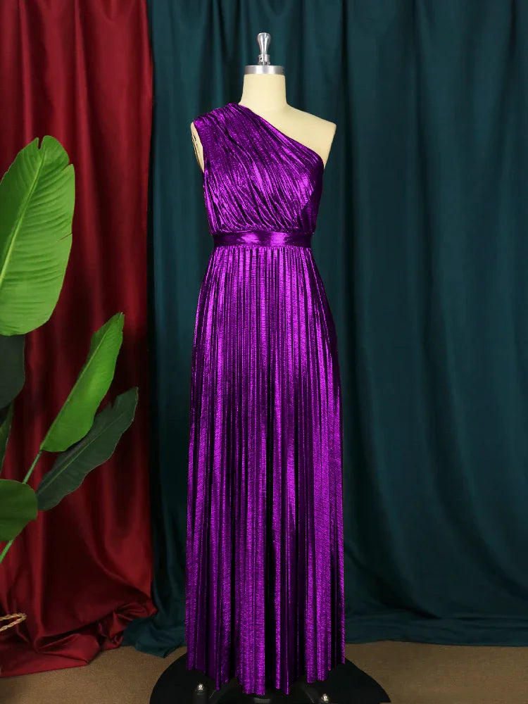 Elegant Women Even Dresses Luxury Maxi Long Metallic Pleated Dress One Shoulder Sleeveless Premium Shiny Shimmer Gowns Big Size