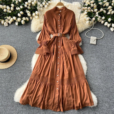 Retro Elegant Summer Stand Collar Flare Sleeve Single Breasted Lace Spliced Dress A-line French Evening Party Women Dresses
