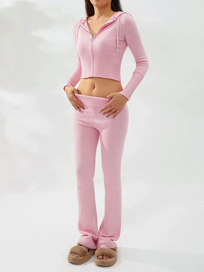 Women Tracksuit  Knit Lounge Set Long Sleeve Zip Up Hoodie with High Waist Wide Leg Pant 2 Piece Sweater Ensemble Casual Set