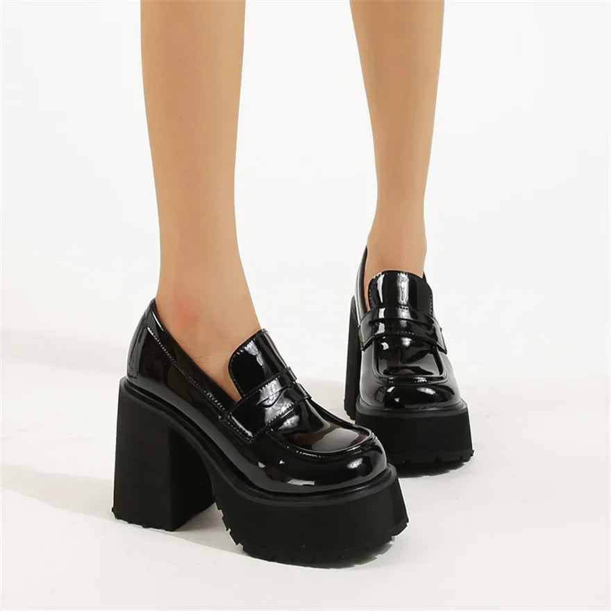 Slip-On Classic Female Loafers Shoes New Thick Heels Black Patent Leather Pumps Retro Girls Platform High-Heeled Shoes for Women