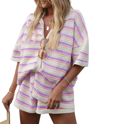 Women Pajamas Set 2 Pieces Loungewear Suits Summer Striped Contrast Color Button Crochet Knit Tops and Shorts Lounge Sets Beach