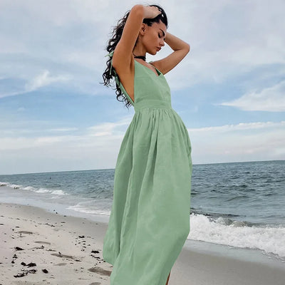 Cotton Linen Solid Color Spaghetti Strap Dresses Women Fashion Leace-up V-neck Backless Beach Vacation Long Dress Female New