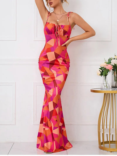 A-Line Dress Women Summer New Fashion Print Bandage Sexy Backless Sleeveless Dress Sling Streetwear Lady Casual Slim Maxi Dress