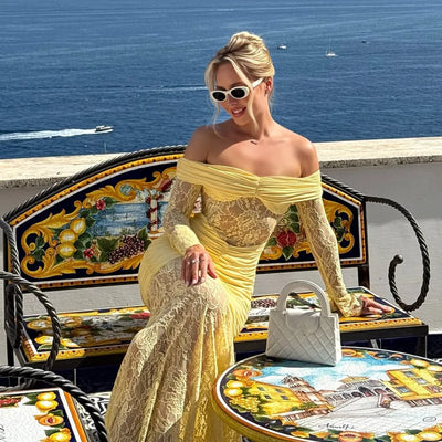 Woman Clothing Lace Patchwork Evening Dress 2025 Autumn Sexy Slash Neck Long Sleeve Folds Party Gown Lady Long Maxi Prom Dresses