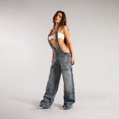 Jumpsuits Women Jeans Overalls Sexy Backless Vintage Full Length Denim Straight Pants Loose Pockets Distressed Washed Casual