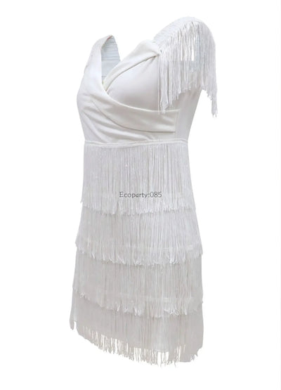 Women Evening Dresses Sexy Big V Neck One-shoulder Fringed Skirt Ladies Temperament Slim Dress Short Sleeve Club Dress Vestidos
