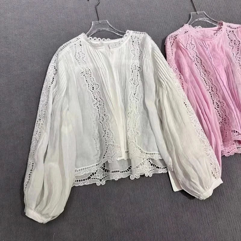 White Pink Tops Women Hollow Out Embroidery