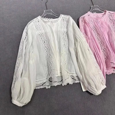 White Pink Tops Women Hollow Out Embroidery