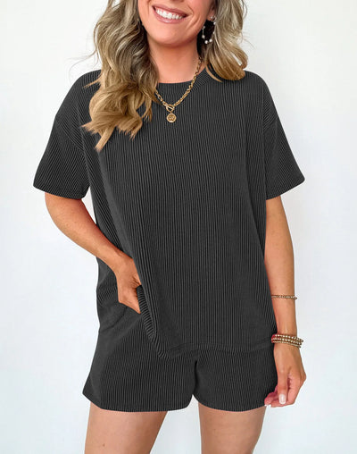 Women's clothing 2025 summer short-sleeved wavy crew neck top, elastic waist shorts two-piece set