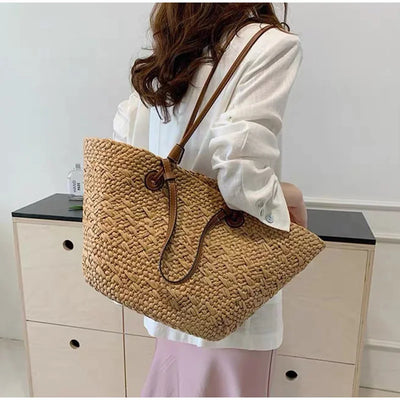 Designer Bohemian Chic Shoulder Bag,Solid Color Large Capacity Straw Woven Tote Bag,Nature-Inspired Beach Vacation Women Handbag
