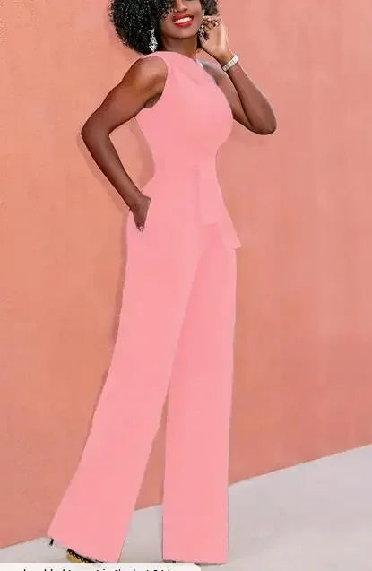 Women's Jumpsuit Solid Skew Collar Crop Top Straight Pants Belt Sexy Sleeveless Loose Pants Elegant Charming Playsuits 2024