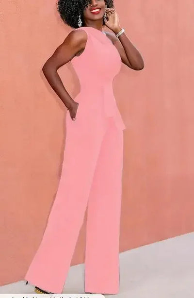 Women's Jumpsuit Solid Skew Collar Crop Top Straight Pants Belt Sexy Sleeveless Loose Pants Elegant Charming Playsuits 2024