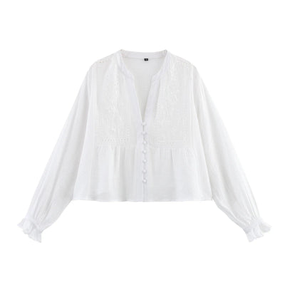 Women's clothing 2025 summer new product fashion European and American style hollow embroidery casual long-sleeved short shirt